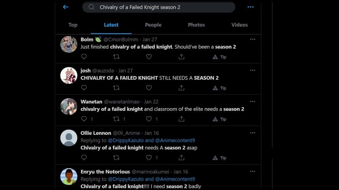 twitter for chivalry of a failed knight season 2, fans reaction