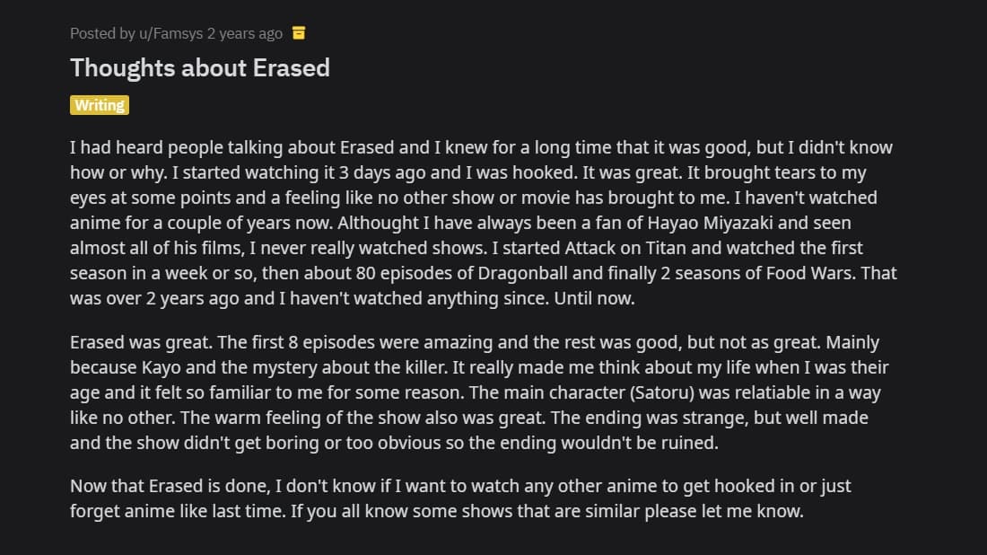 reddit reaction for erased season 2