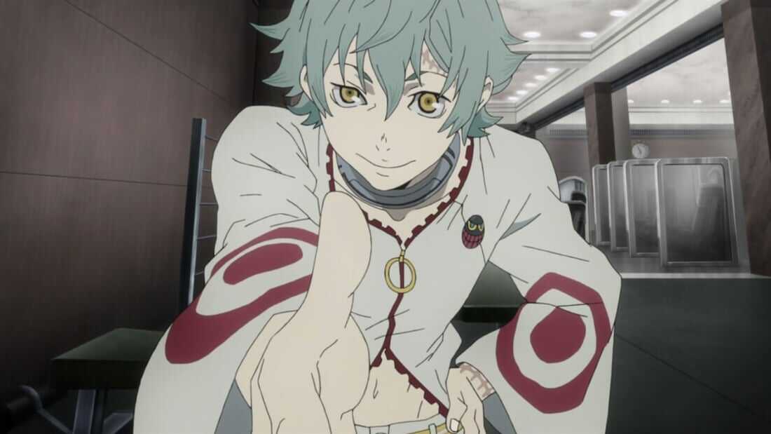 messy-rail589: Anime teenager boy with cool dark green hair with lime color  highlights and his cold eyes are green.