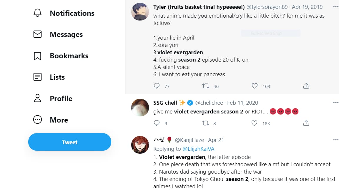 twitter online reaction for violet evergarden season 2